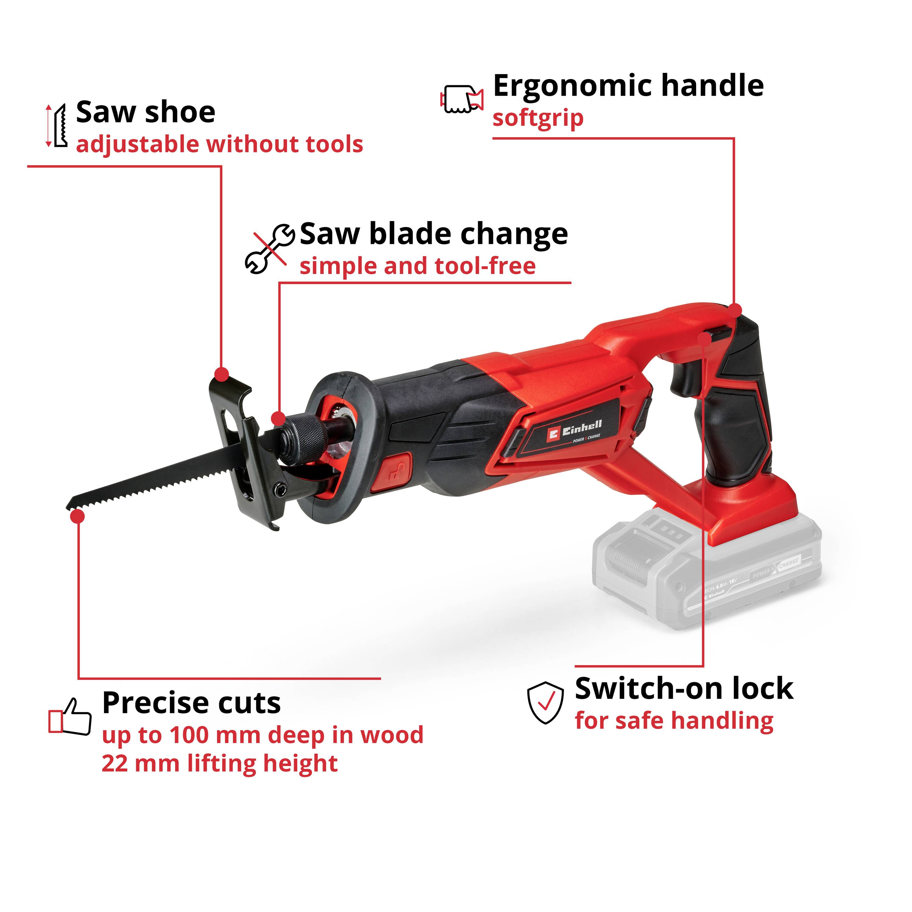 Cordless reciprocating saw in red and black with an ergonomic handle. Features: tool-free adjustable shoe, quick blade change, precise cuts.