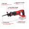Cordless reciprocating saw in red and black with an ergonomic handle. Features: tool-free adjustable shoe, quick blade change, precise cuts.