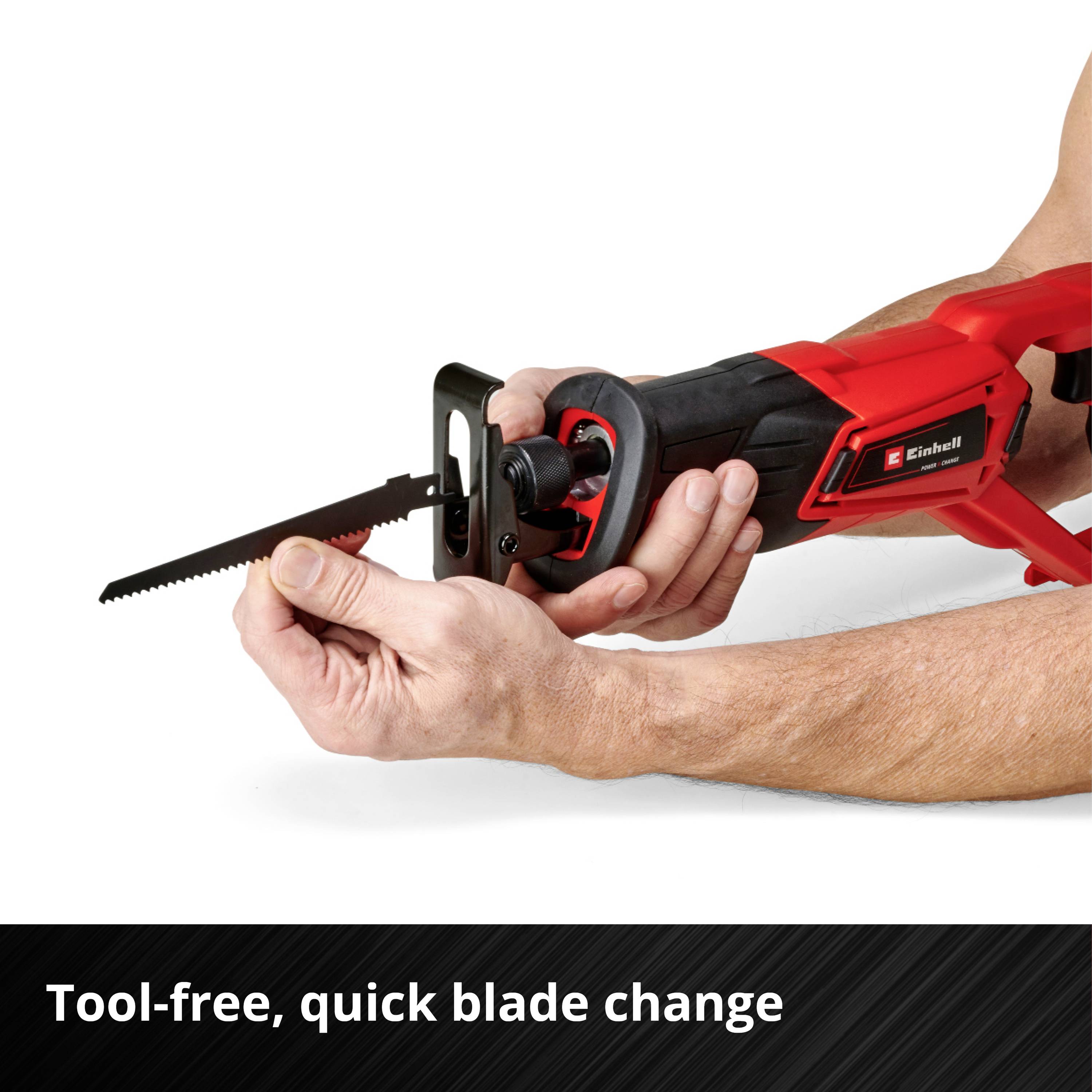 A hand is holding a red jigsaw. Text: 'Tool-free and rapid blade change'.