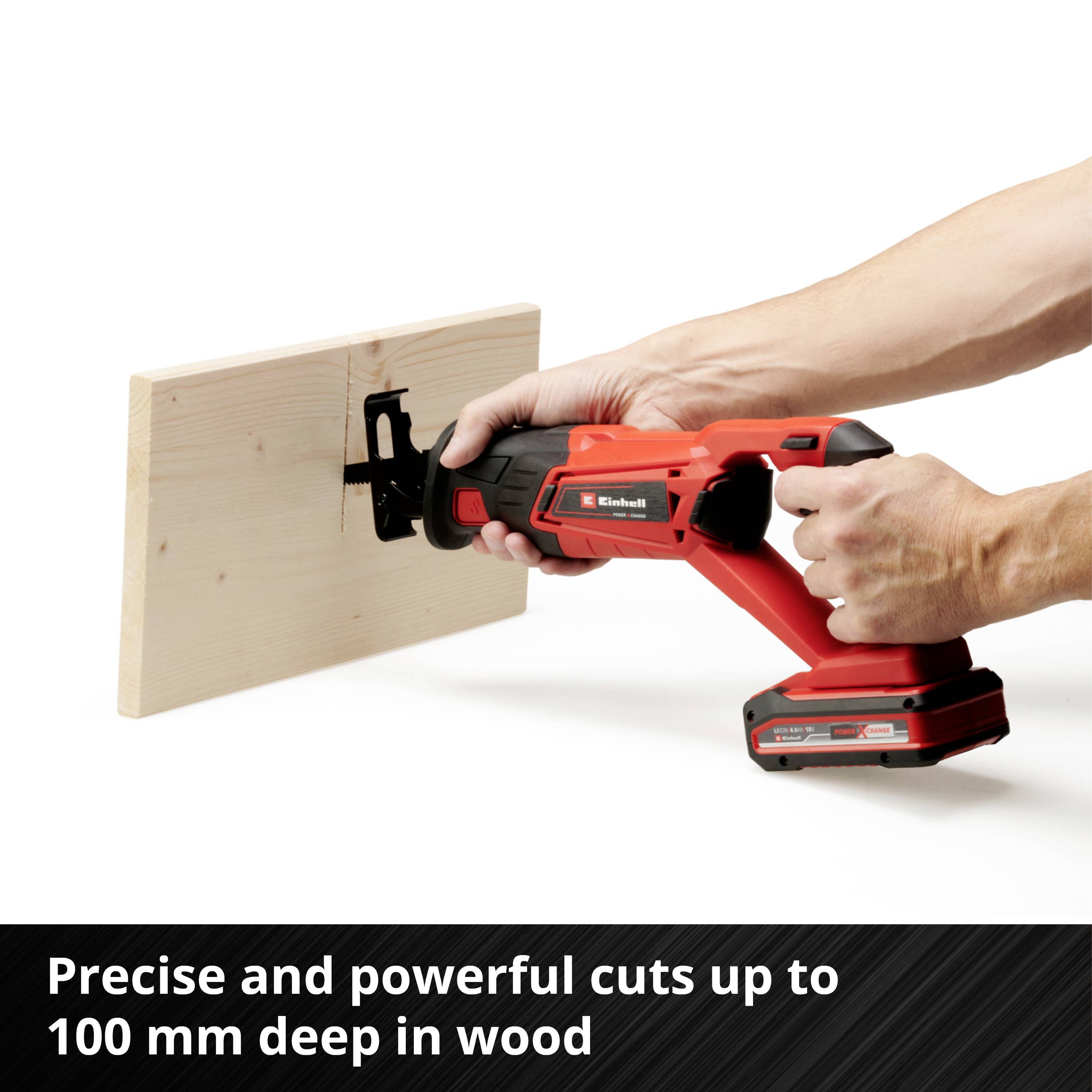 A saw cuts a plank. Text underneath: 'Precise and powerful cuts up to 100 mm deep in wood'.