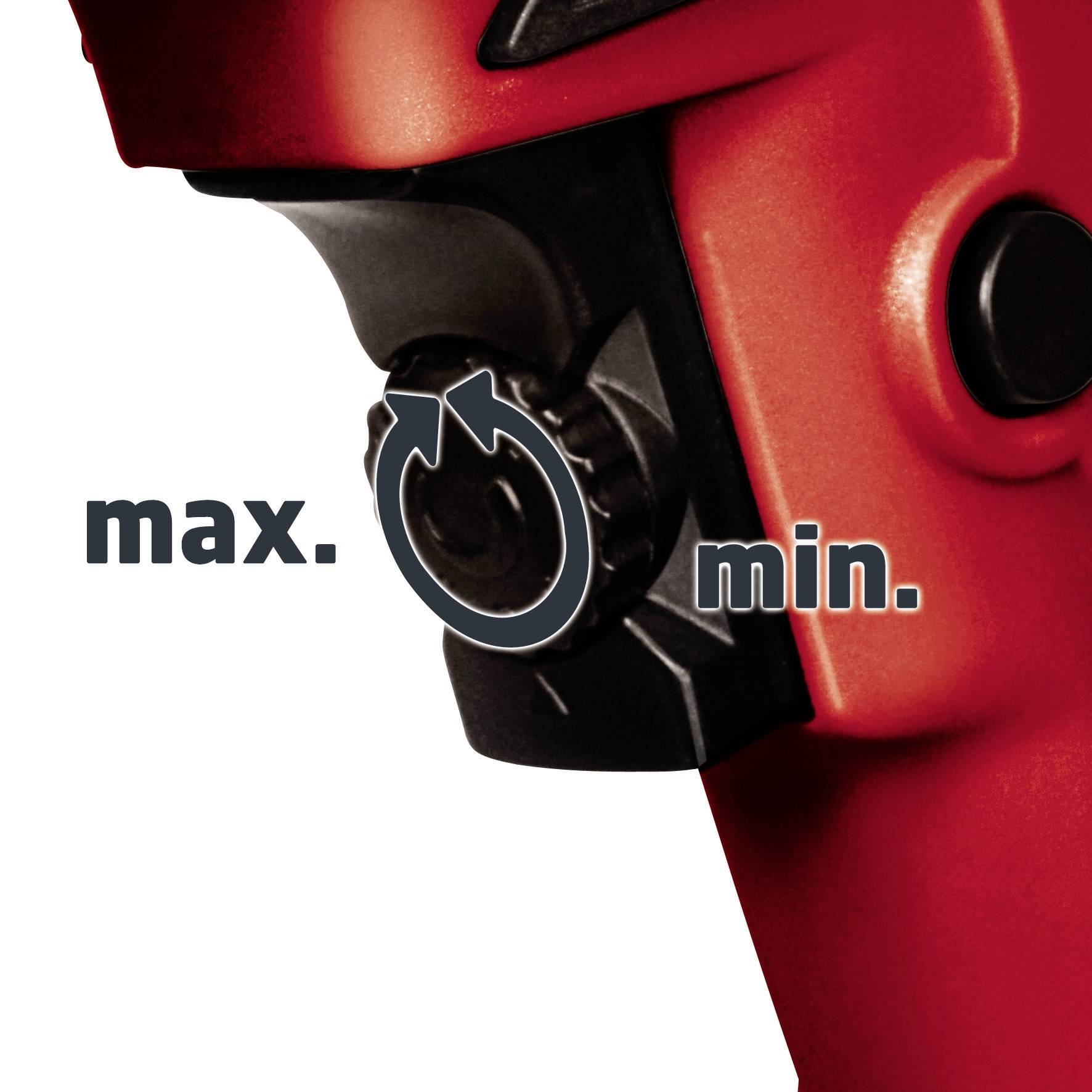 'Close-up of an adjustment dial on a red device with arrows indicating the rotation direction for maximum and minimum settings.'