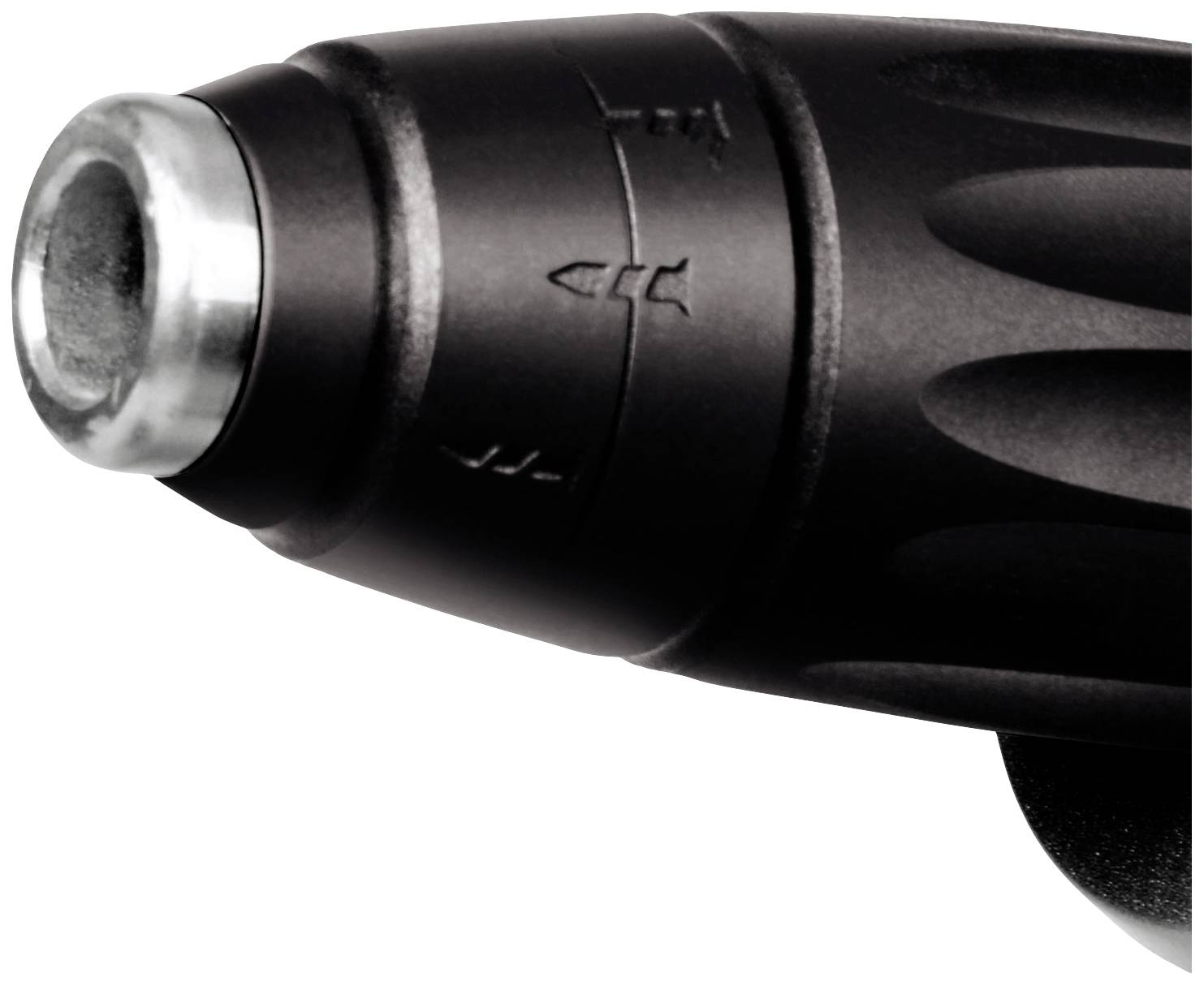 Black hairdryer nozzle with adjustment symbols on the side.