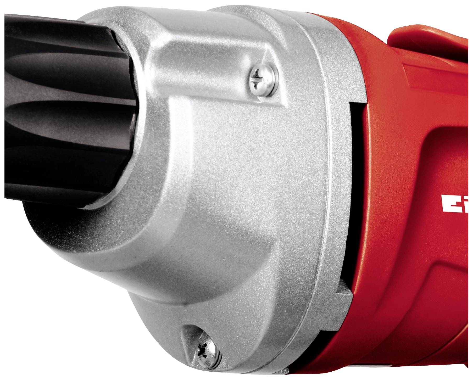 Close-up of a red electric tool with a silver head and black detailing. Focus on metal structure and screw fixings.