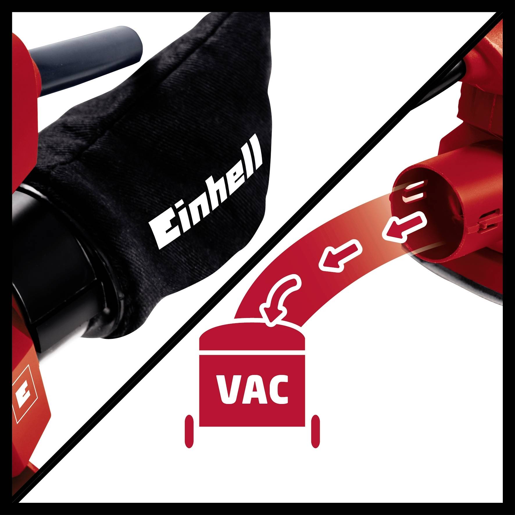 An image shows an Einhell leaf blower. To the left is the dust bag, and to the right is a graphic with the word 'VAC', indicating air flow.