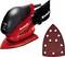 Red Einhell delta sander with black handle and dust bag next to a removable, triangular sanding pad with holes.