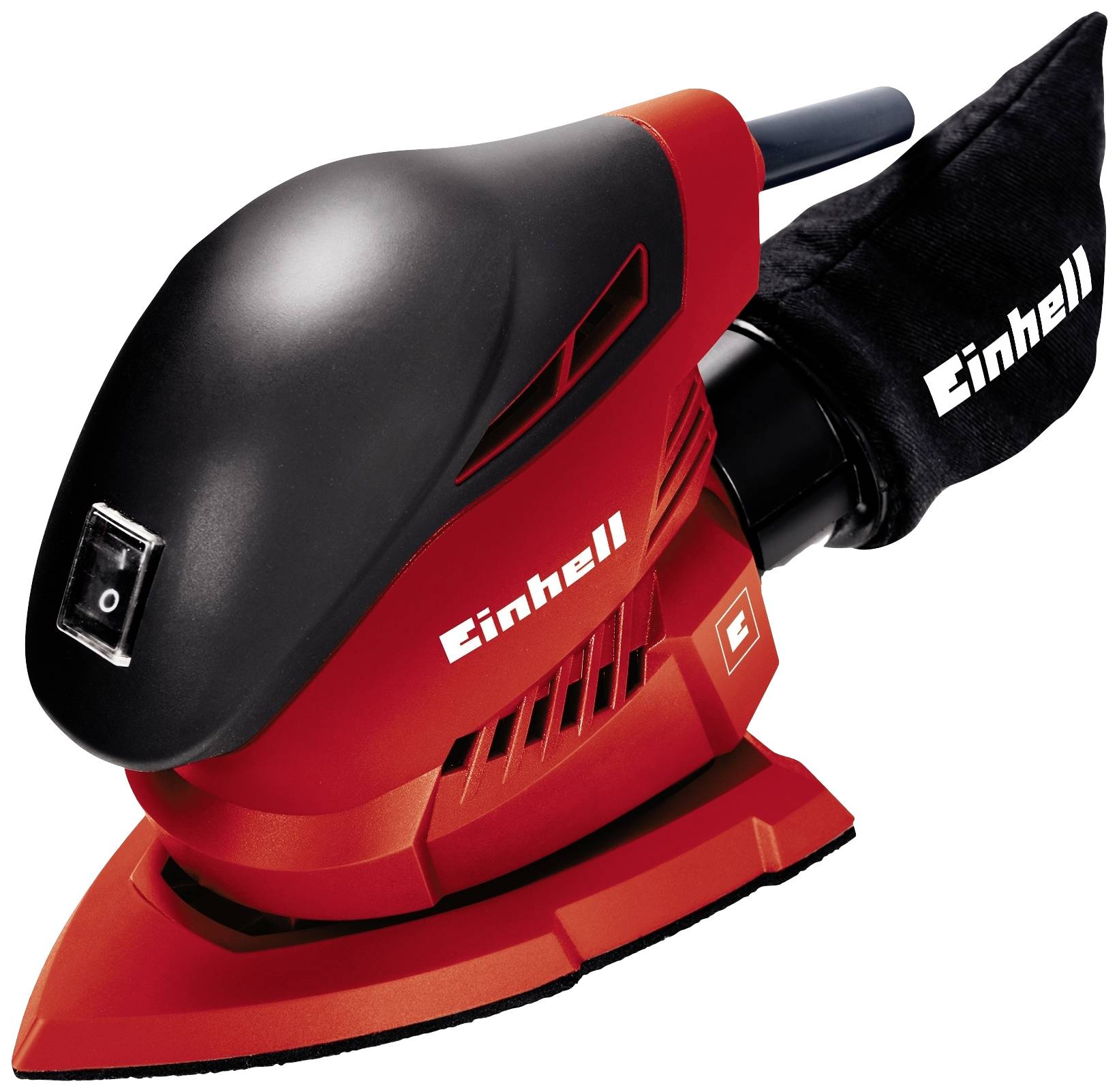 A red Einhell triangular sander with a black handle and dust collection bag. Suitable for fine sanding work on various surfaces.