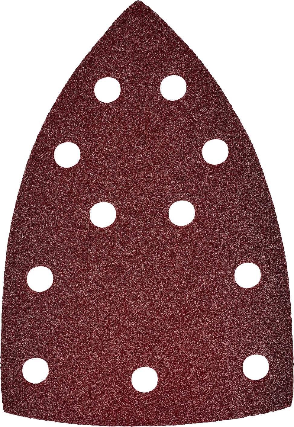 A red, triangular piece of sandpaper with nine symmetrically arranged round holes.