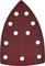 A red, triangular piece of sandpaper with nine symmetrically arranged round holes.