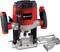 'Router with depth adjustment indicator and red handles, Einhell brand. Used for woodworking and routing.'