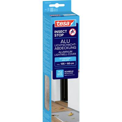 Packaging for tesa Insect Stop Alu light shaft cover, showing an aluminum mesh cover for windows, max 135 x 60 cm, with quick-install icon.
