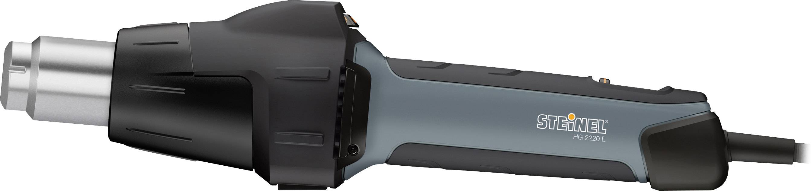 A hot air blower viewed from the side, Steinel model, with an ergonomic handle and robust casing, predominantly black and grey.