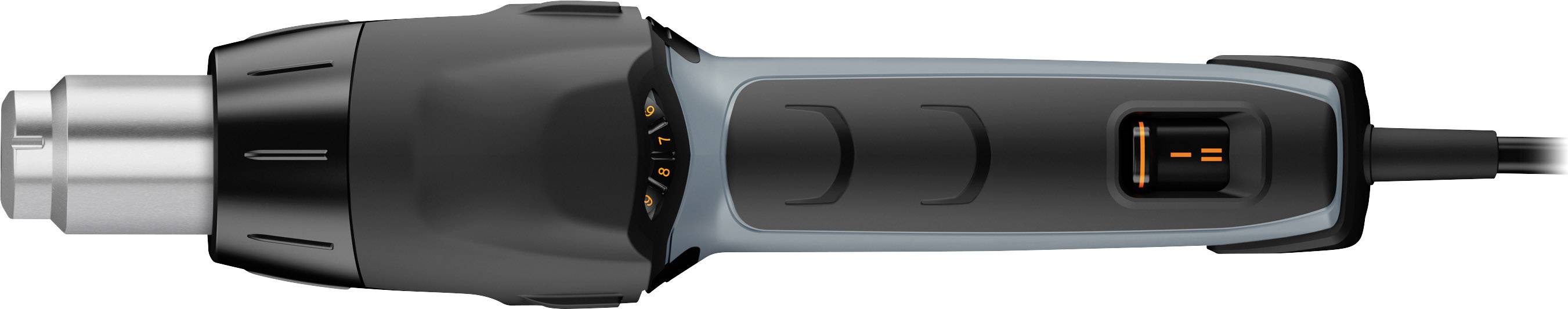 A black and grey hairdryer with various temperature settings. The device has a modern design and is electric.