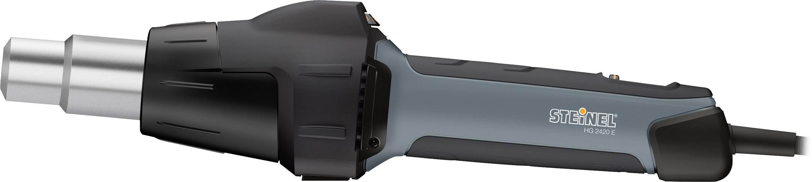 A blue and black heat gun with a silver nozzle, shown from the side. Marked with the manufacturer's name.