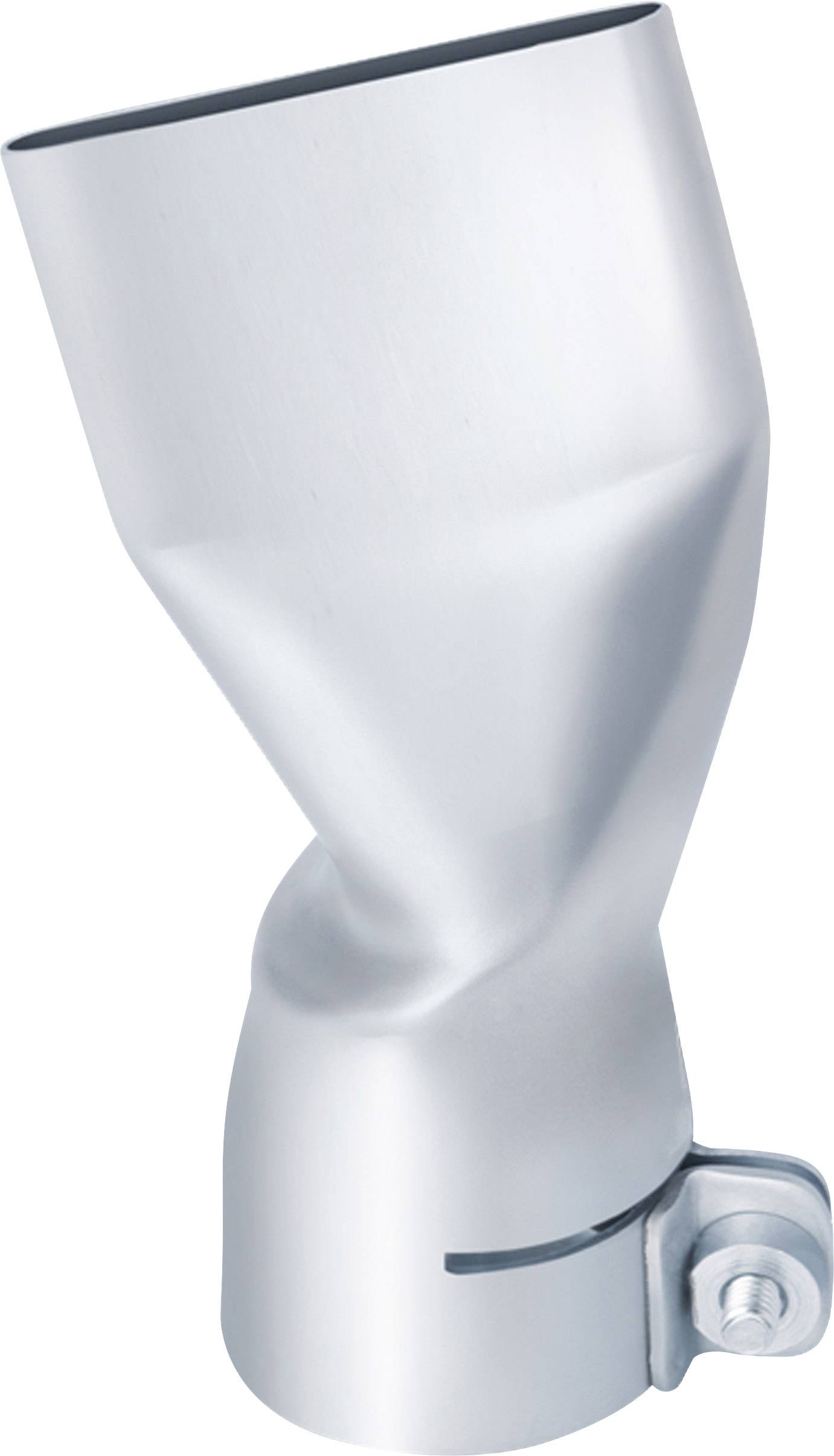 A silver metal pipe with a bend and a mounting bracket at the bottom.