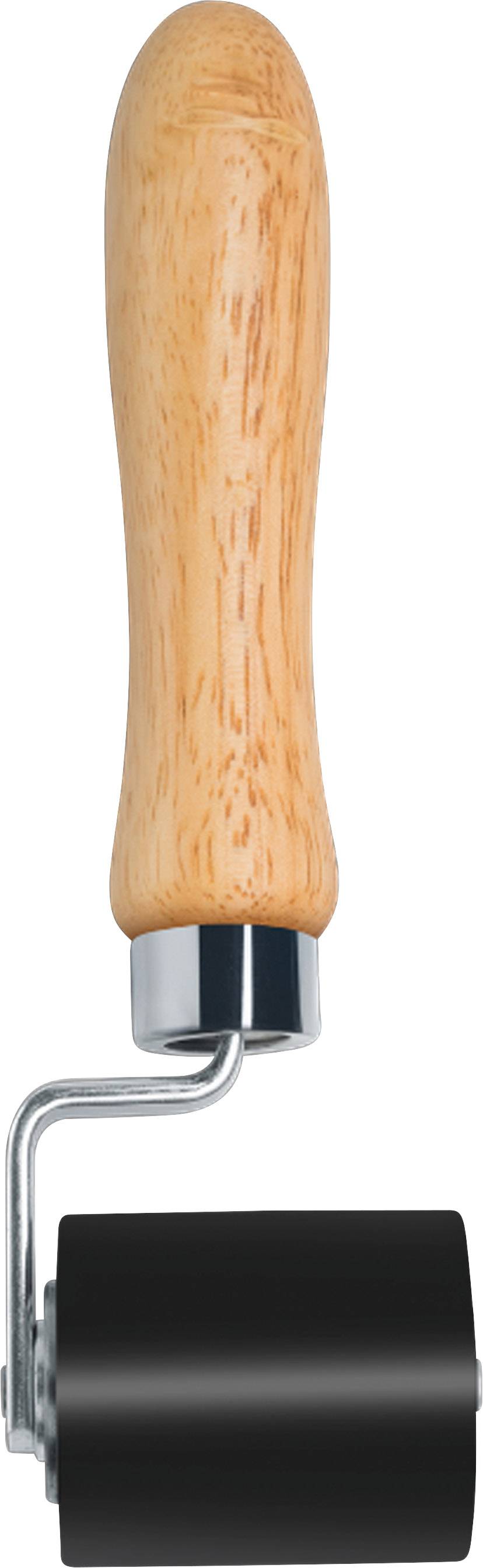 A wooden-handled tool with a black roller, often used for evenly applying or smoothing materials.