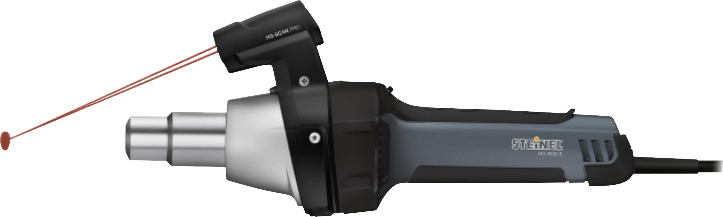 A hot air blower with a hand grip and attachment, featuring a red laser guide for precise work.