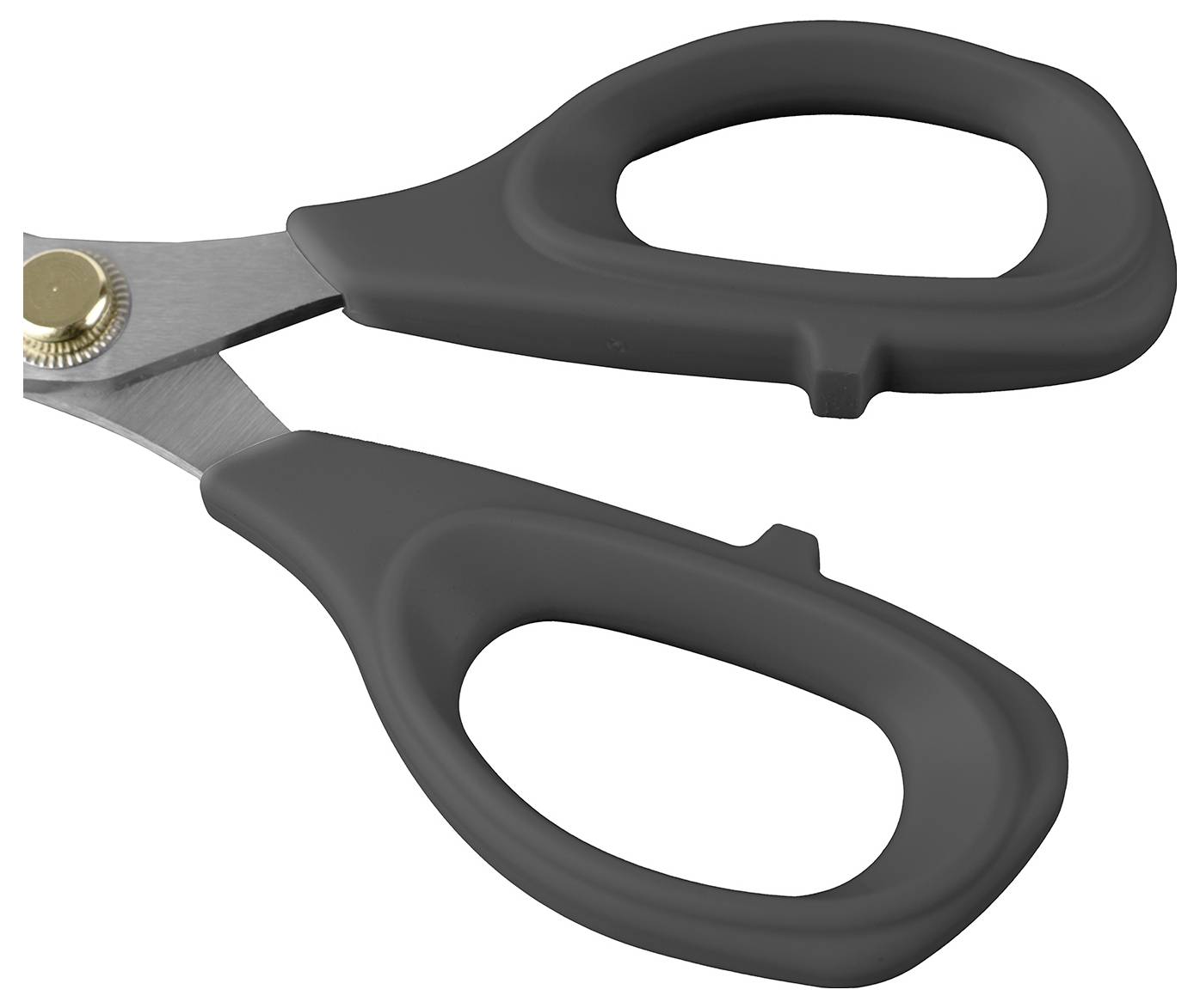 A black fabric scissors with ergonomic plastic handles, partially visible.