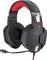 Black gaming headphones with microphone, red inner padding, and silver details. Suitable for immersive gaming experiences.
