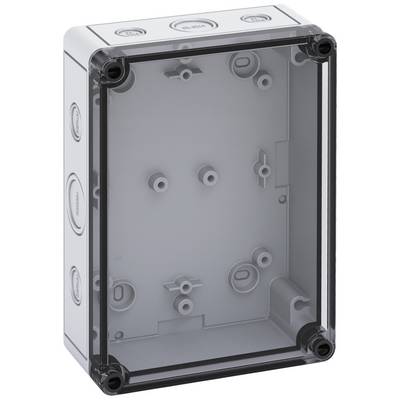 Grey-translucent plastic junction box without components, with round openings on the sides, for electrical installations.