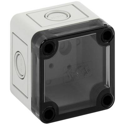 Grey-translucent plastic box with a black frame and removable cover, used for electrical connections.