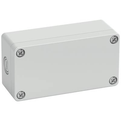 Rectangular, grey plastic enclosure with four screws in the corners. Suitable for protecting electronic components.