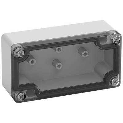 A rectangular grey box with a transparent lid and four screws at the corners. It contains four mounting lugs inside.