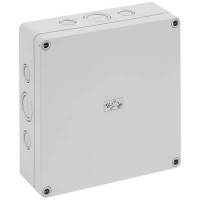 Plastic electrical distribution box with a removable lid and multiple cable entry points on the sides.