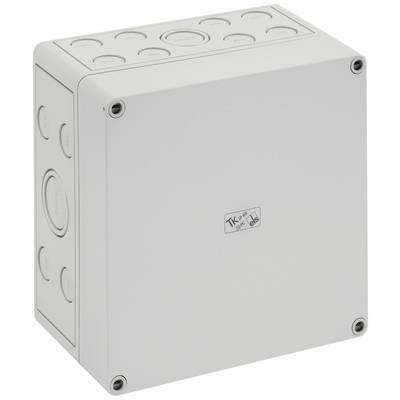 White plastic junction box with removable side cover caps for electronic wiring.
