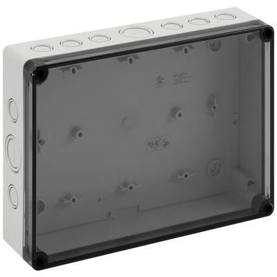 An empty, rectangular junction box with a transparent lid, suitable for electrical installations, shows several entry points on its sides.