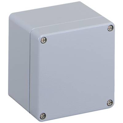Grey metal enclosure with removable front cover and four screws at the corners, suitable for protecting electrical components.