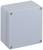 A rectangular, grey metal enclosure with four screws at the corners, possibly an electrical consumer unit.