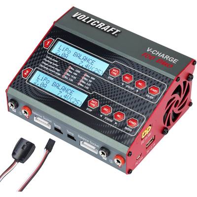 Battery charger for RC models with two independent channels. LCDs display 'LiPo BALANCE' and charging information. Brand name 'VOLTCRAFT'.