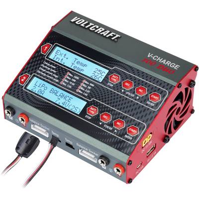 Charger with two displays showing 'Ext. Temp 25°C' and 'LiPo Balance 2.80A'. Red buttons and connectors. Label: V-Charge 100 Duo.