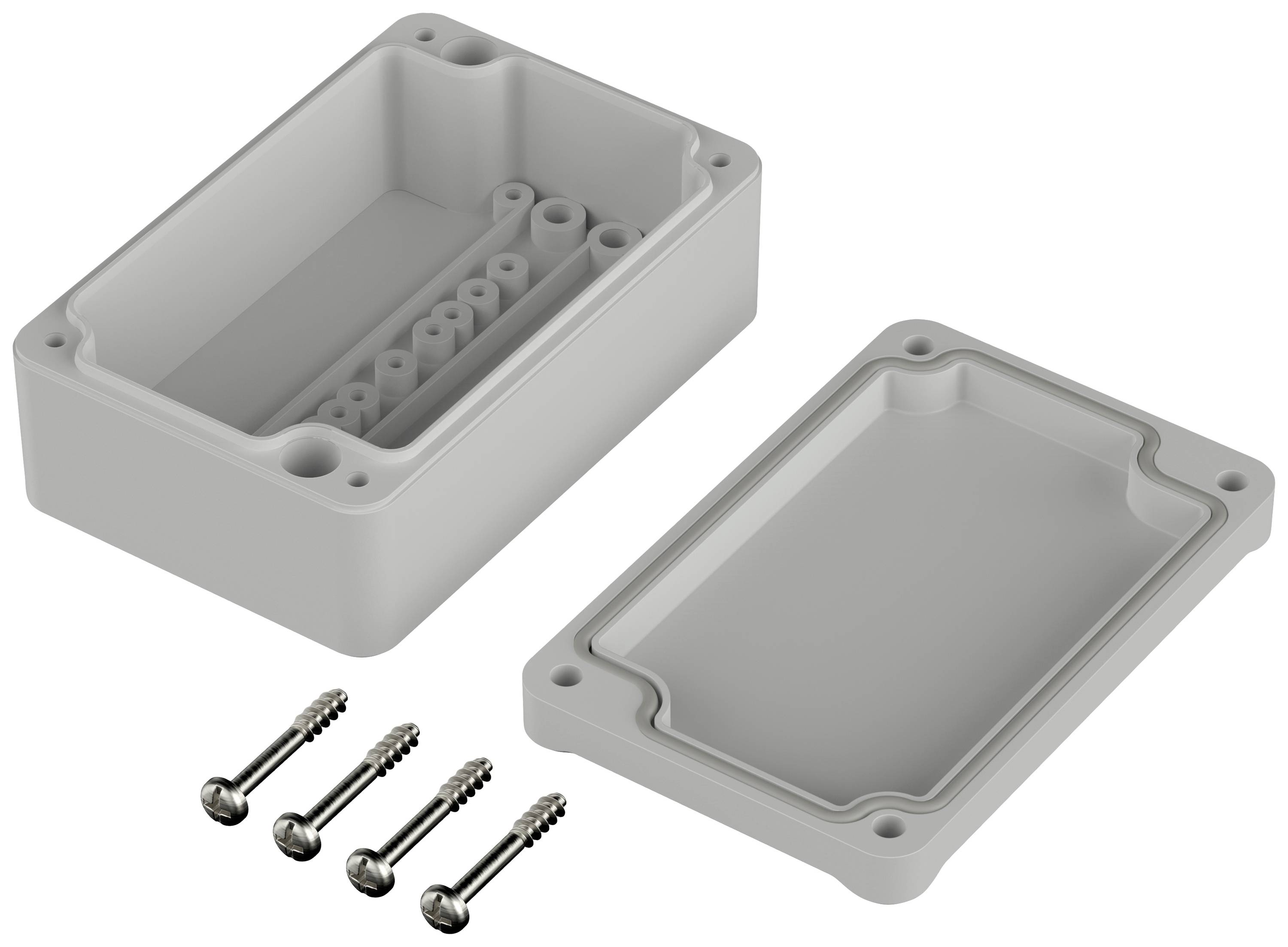 Electronic enclosure with a removable lid and four mounting screws, designed to protect electronic components from environmental influences.