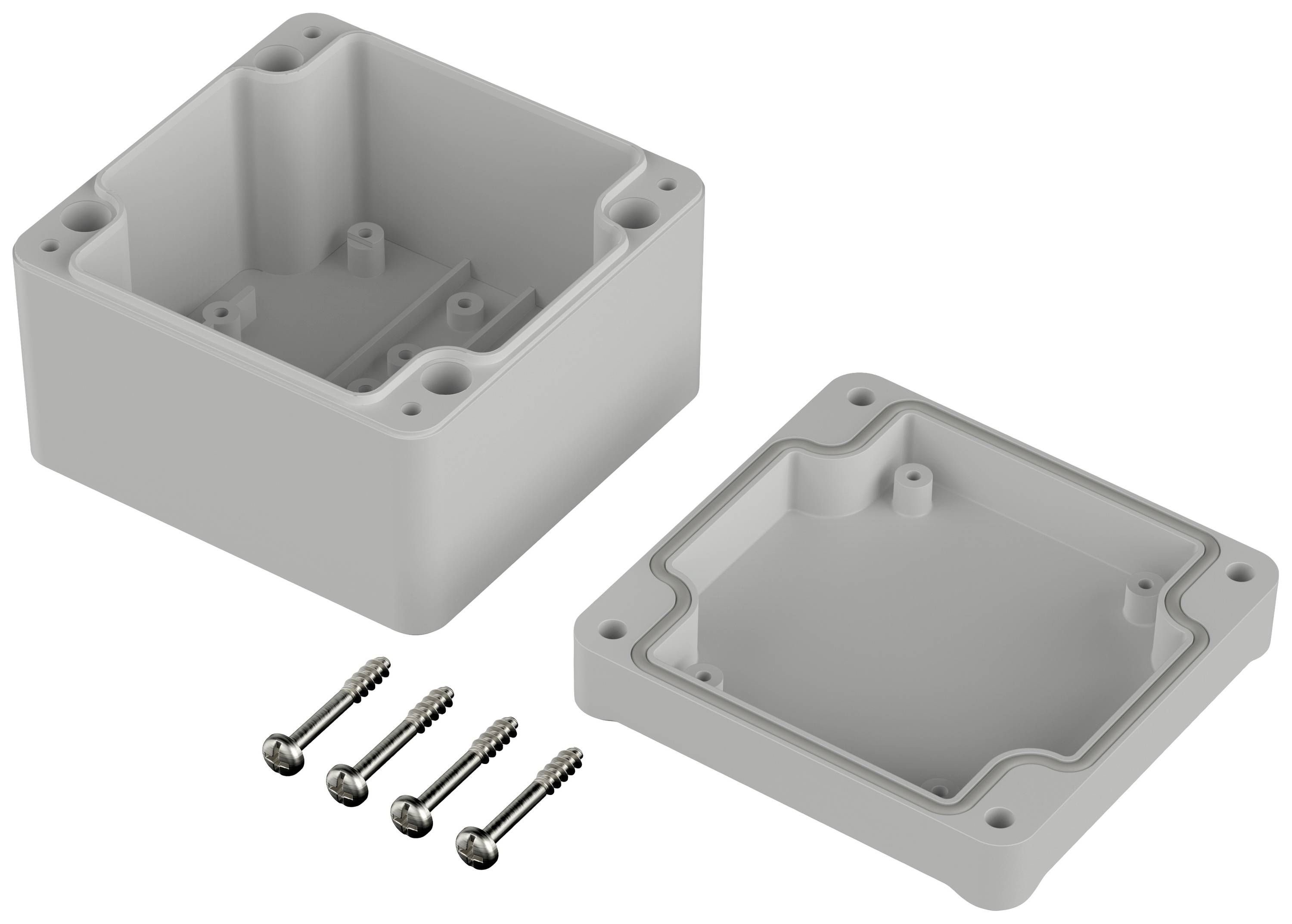 A grey two-part plastic enclosure box with four matching screws. Ideal for electrical installations.