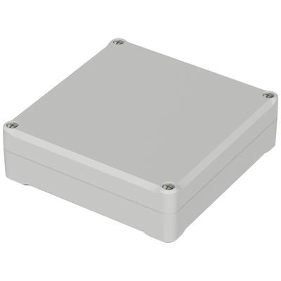 Grey, square plastic enclosure with screws at the corners; typical electronics housing for component protection.