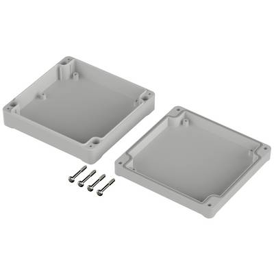 Housing parts opened with four screws beside them, showing the assembly components of a rectangular plastic enclosure.
