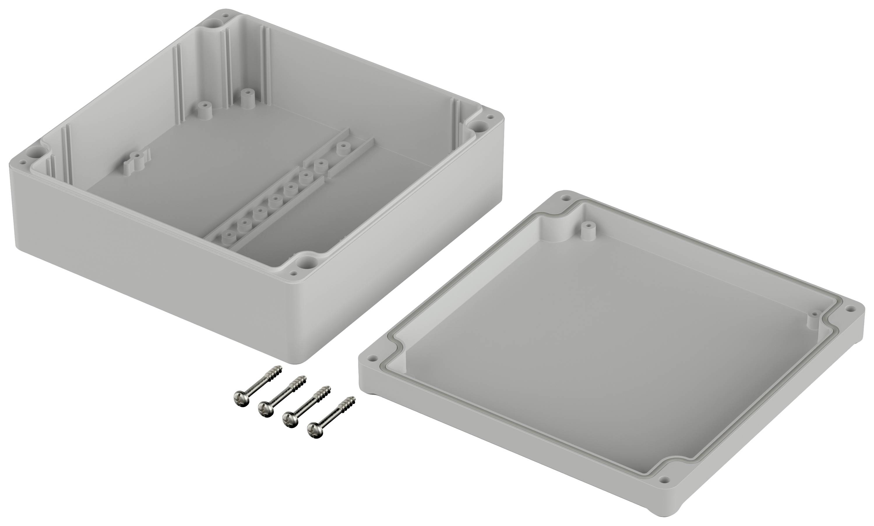 Grey plastic enclosure with removable lid and four mounting screws, suitable for electronic projects.