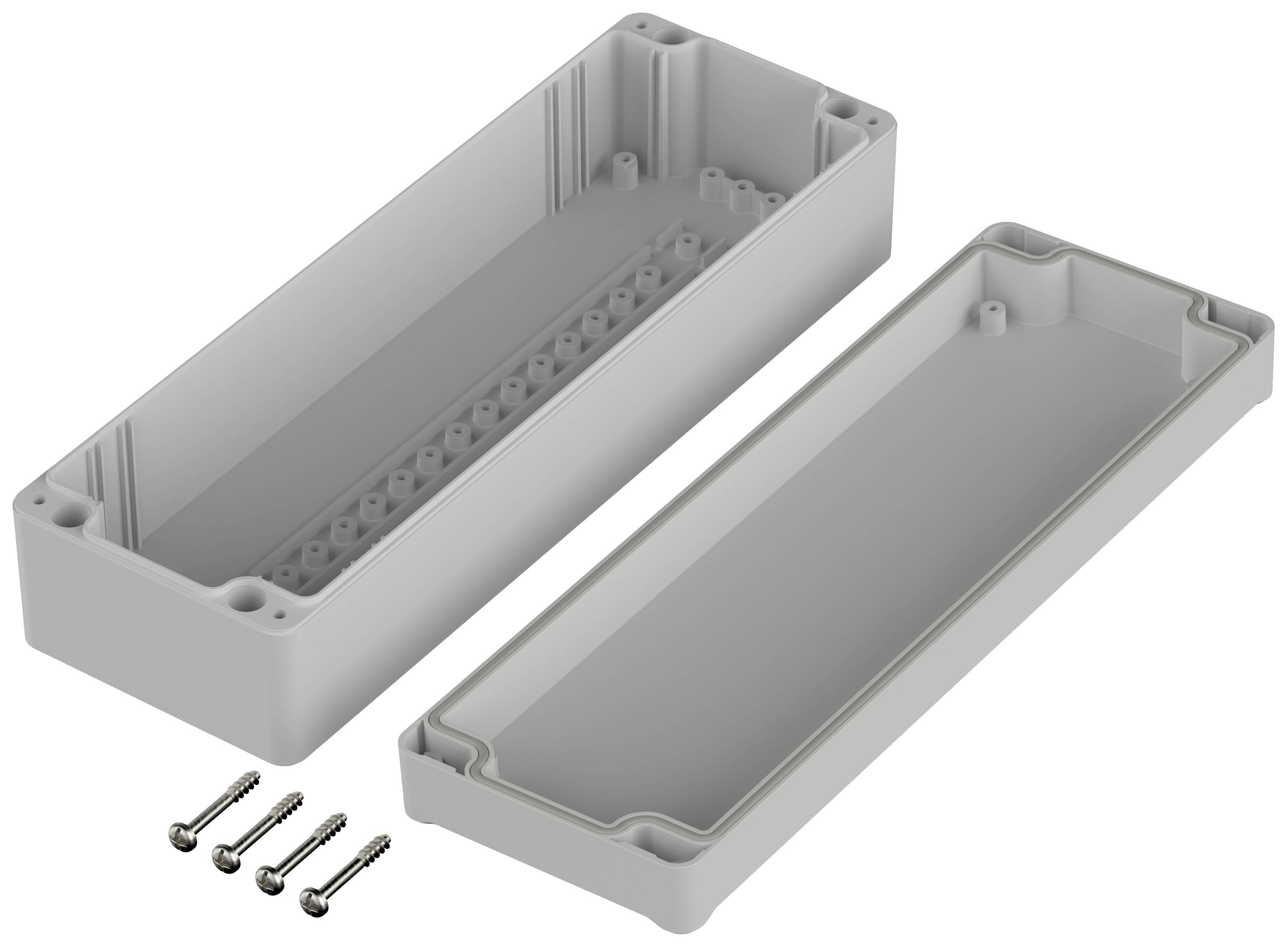 Rectangular grey plastic housing with a removable cover, alongside three mounting screws. Ideal for electronic projects.