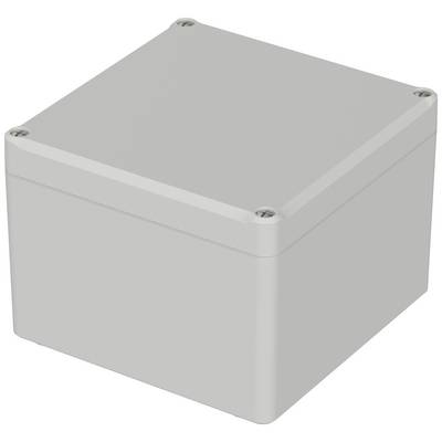 Grey, square plastic enclosure with a screwed lid, suitable for protecting electronic components.