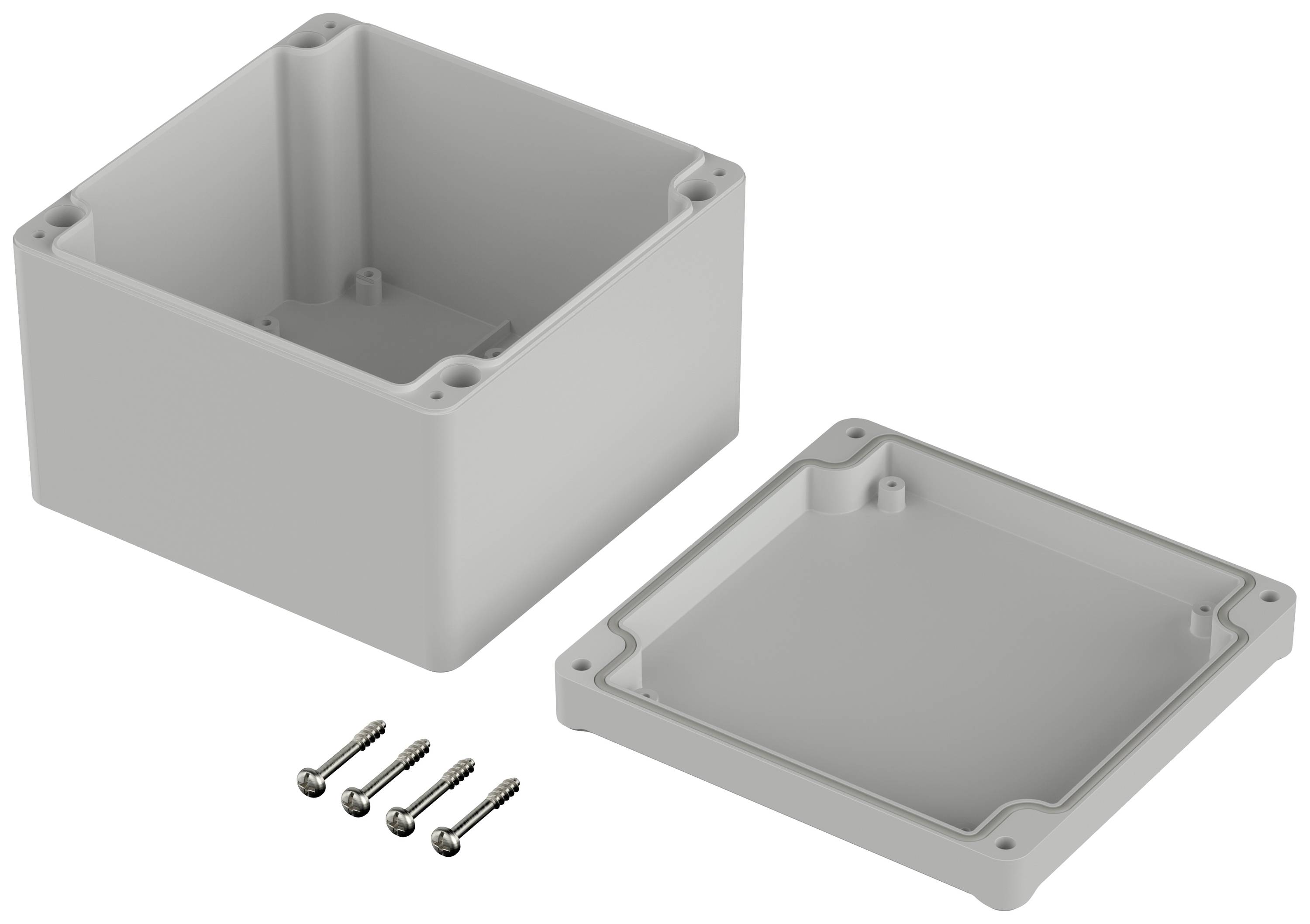 A grey, rectangular housing box with its lid removed. Four screws are lying beside it for fastening.