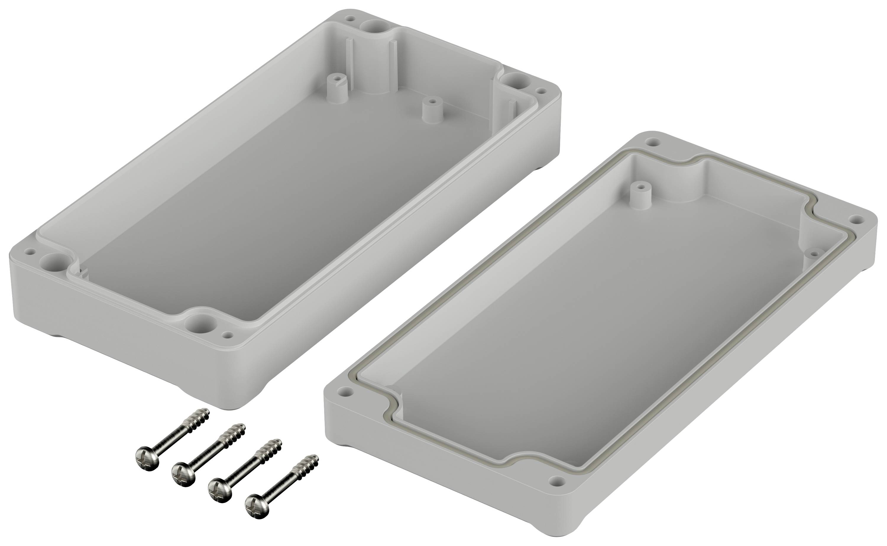 Grey, rectangular plastic housing split into two halves, with screws beside it. Suitable for electronic assembly or protective casing.