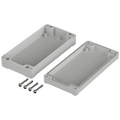 Grey, rectangular plastic housing split into two halves, with screws beside it. Suitable for electronic assembly or protective casing.