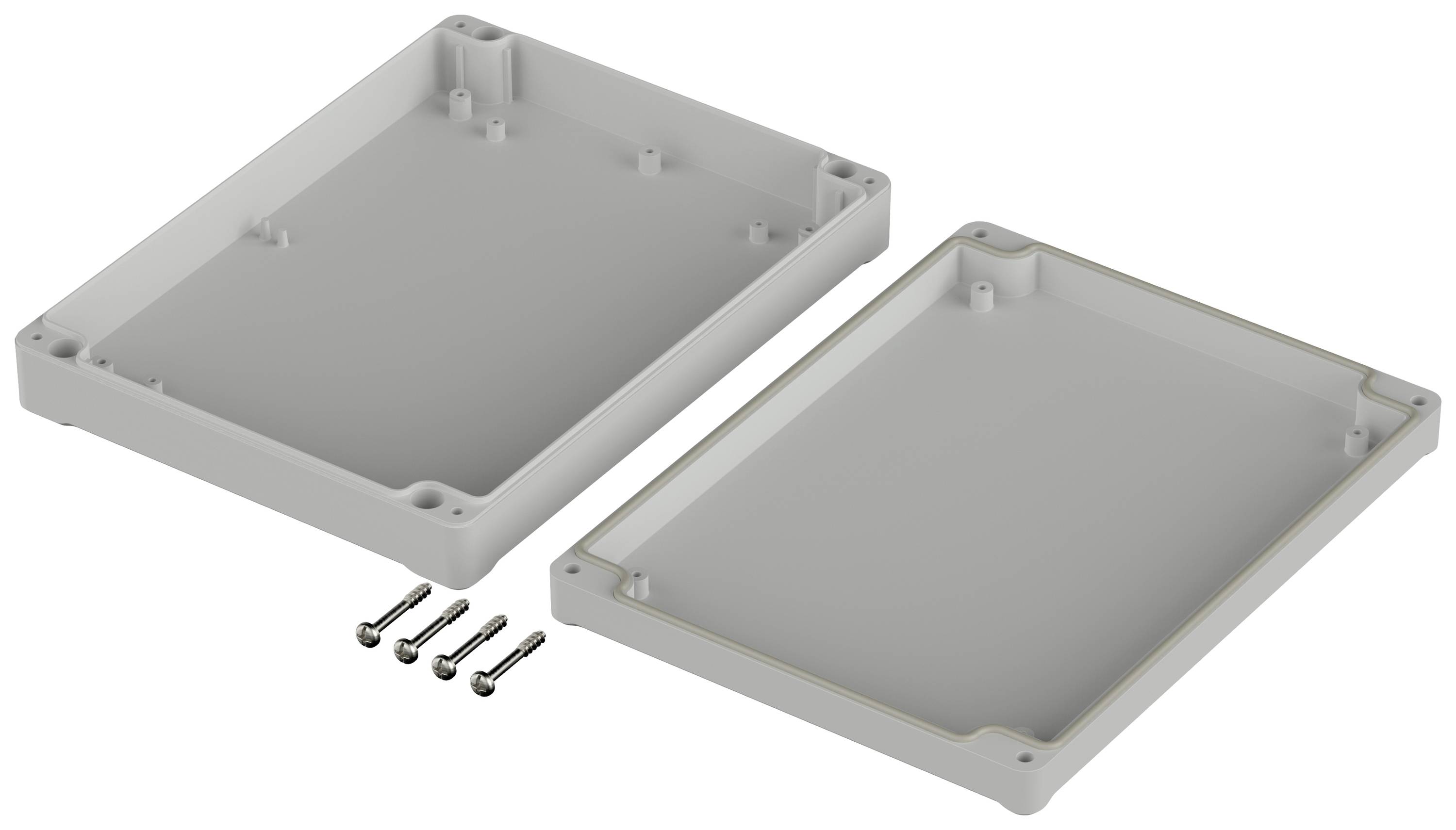 Two-part grey enclosure with rounded corners, opened. Four screws are placed beside it. Suitable for electronic components.