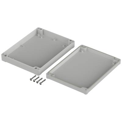 Two-part grey enclosure with rounded corners, opened. Four screws are placed beside it. Suitable for electronic components.