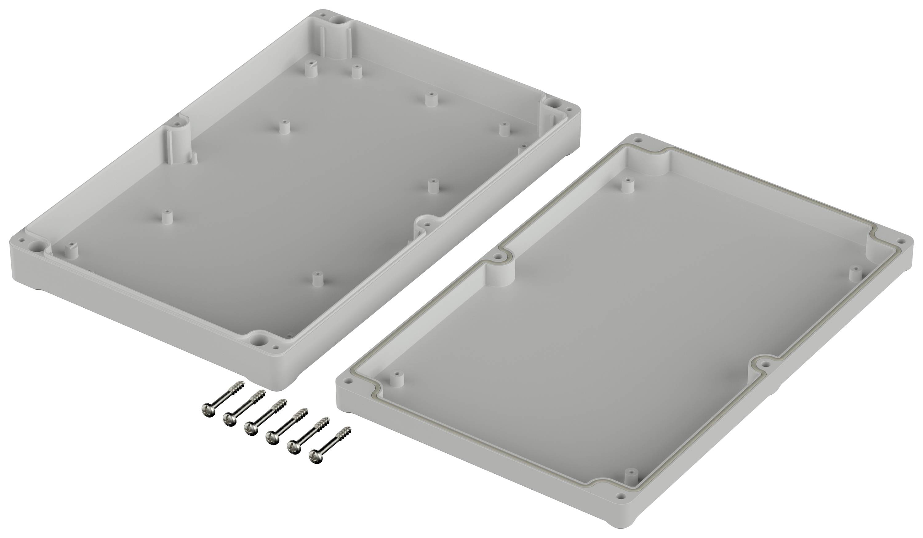 Two-part rectangular plastic enclosure with mounting screws, shown in an open position.