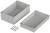 Grey plastic enclosure in two halves, with screws. Suitable for electronic components, shows inside of housing with mounting pegs.