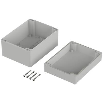 Two grey, rectangular plastic enclosures, one open and one closed, with four mounting screws beside them.