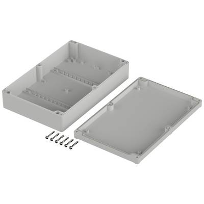 'Two parts of a grey rectangular plastic enclosure, lying side by side. Six screws are positioned beside them on the left.'