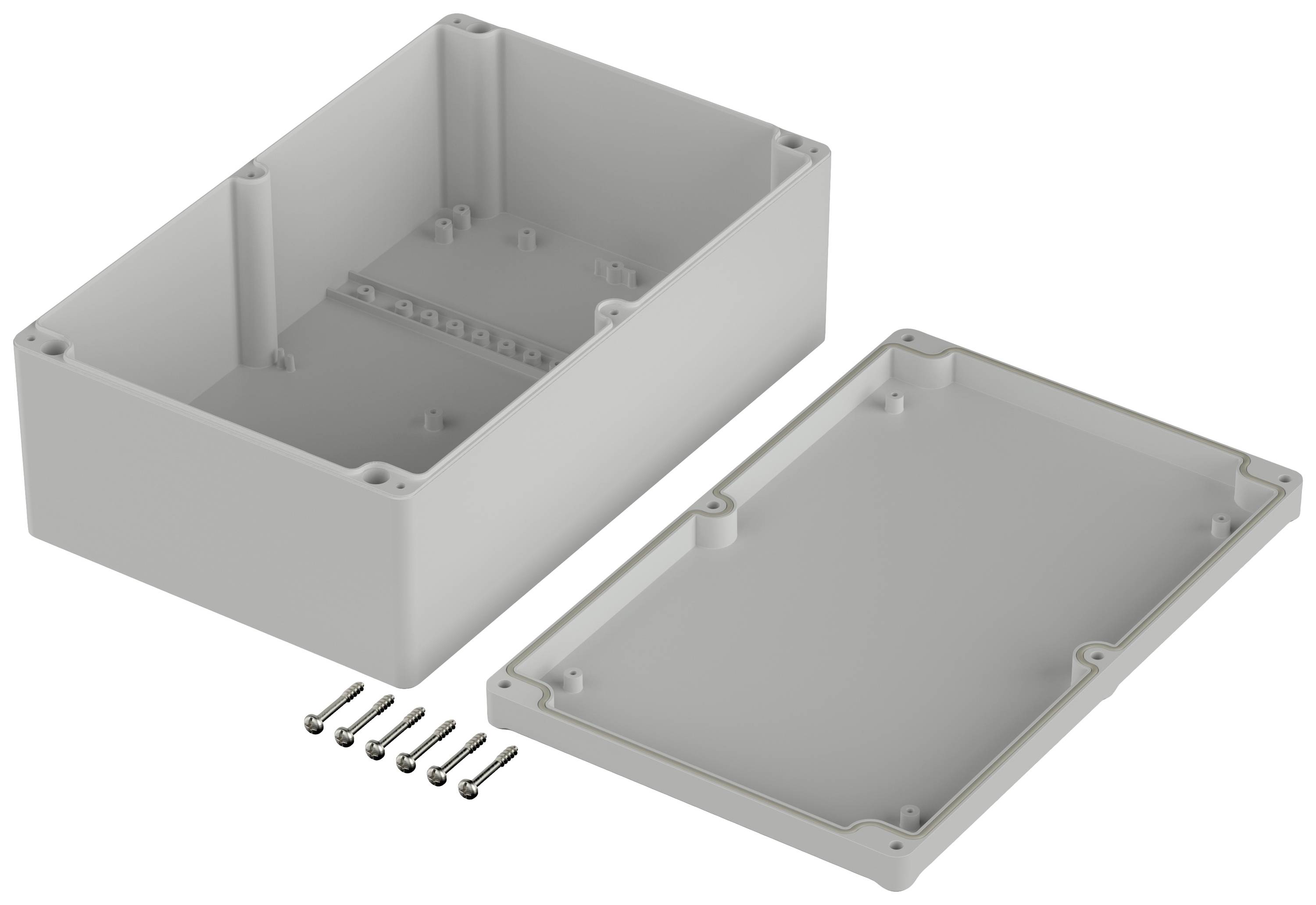 Grey plastic casing with the cover removed and six screws lying beside it.
